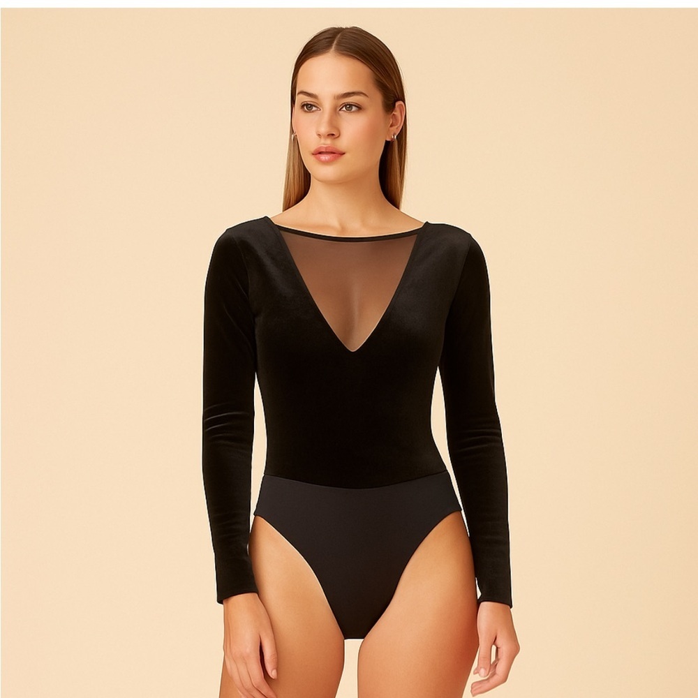 Shinestar Black Bodysuit Velvet Mesh V-Neck Never Worn Size M